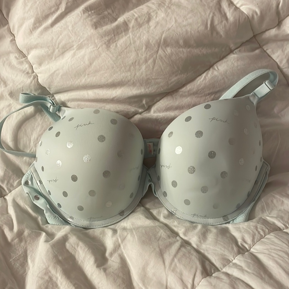 PINK Push-Up Bra, 36C, Mint Green with Silver Polka Dots and PINK Logo